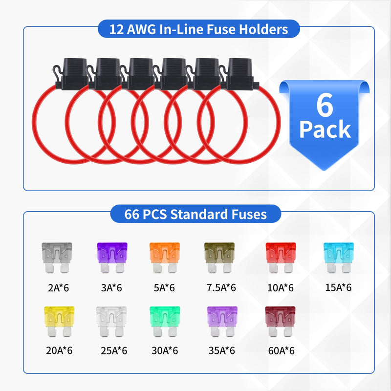 6 Pack Inline Fuse Holder 12V, Upgraded 12 AWG Waterproof Fuse Holder with 66 Pcs Standard Car Fuses (2A/3A/5A/7.5A/10A/15A/20A/25A/30A/35A/40A), YNZDRWA in Line Fuses Holders 12v for Marine Auto
