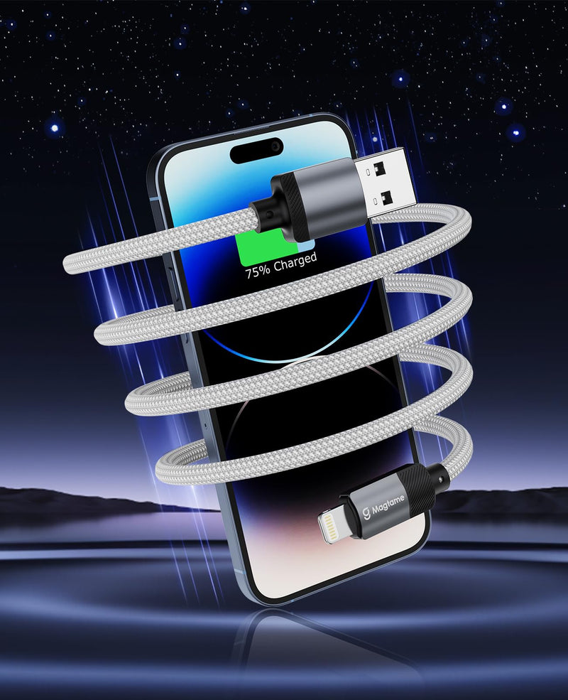 Coiled Magnetic USB A to Lightning Cable 3.3FT, Self Winding Cord | Silver Braid USB to Lightning Charging Cord Anti Tangle Car Desk Phone Cable Compatible with iPhone 14 13 12 11 Pro Max SE