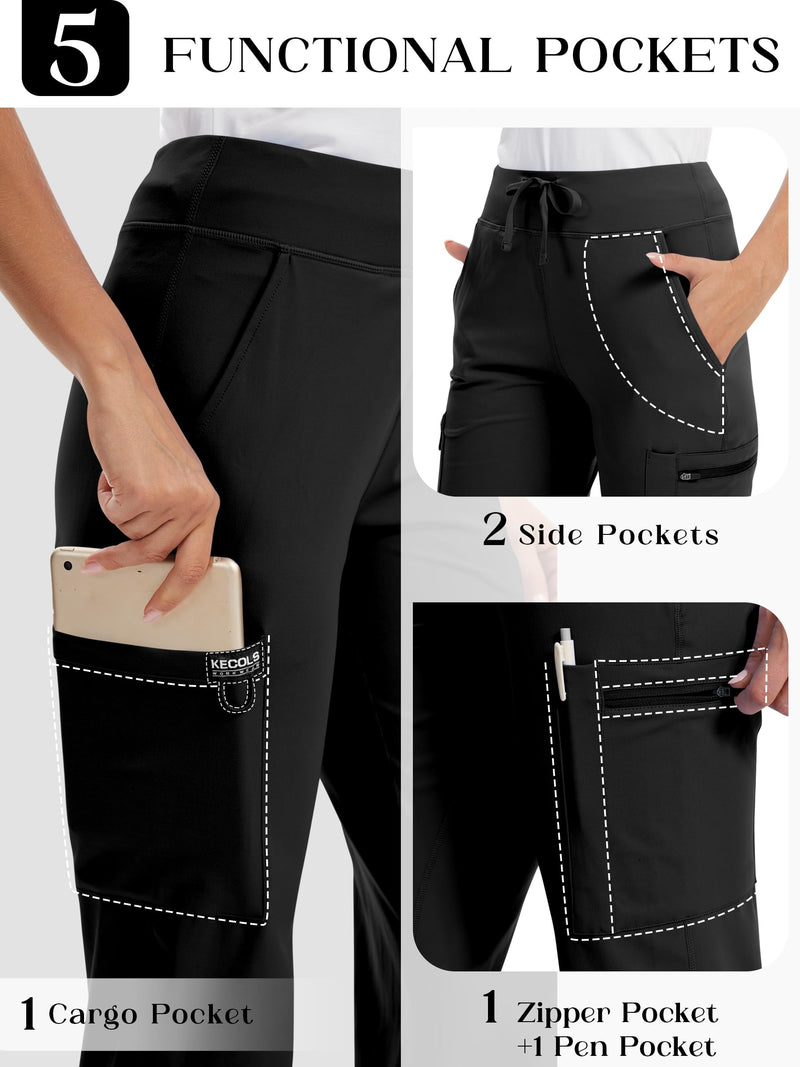 Yoga Scrub Pants Women High-Rise Straight Leg Uniform Cargo Bottom with Yoga Waistband,5 Pockets & 4-Way Stretch Regular Medium Black