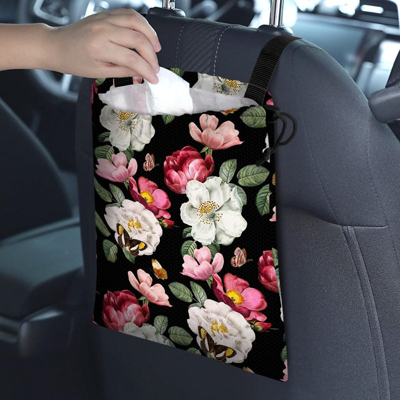 Car Trash Bag Hanging Back of Seat Waterproof Small Cute Printed One-handed Strap Drawstring Garbage Bags for Car-Black Floral Black Floral Car Trash Bag