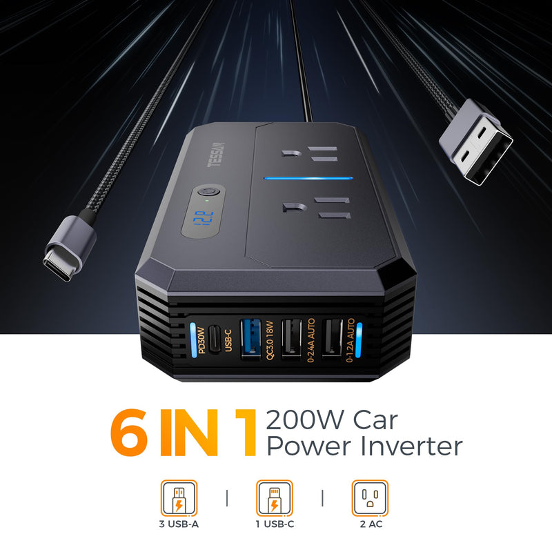 200W Car Power Inverter, TESSAN 12V DC to 110V AC Converter with 2 AC Outlets and 4 USB Ports, PD/QC 3.0 Fast Charging, Car-Essentials for Camping, Road Trip, Gray