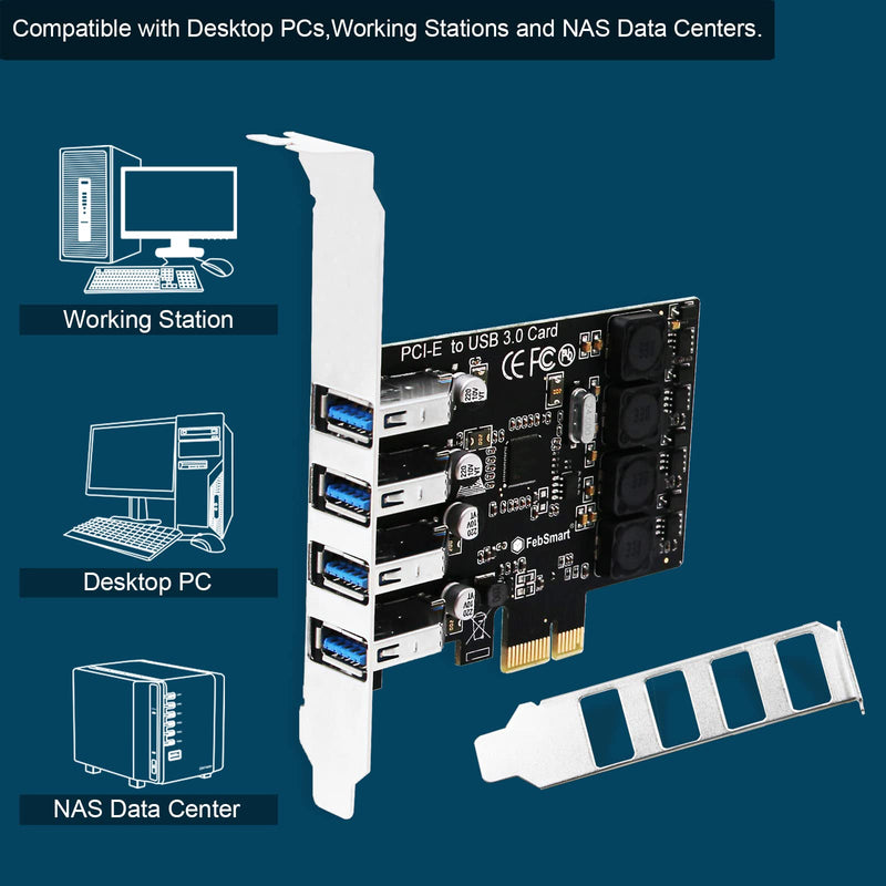 PCIE 4-Ports Superspeed 5Gbps USB 3.0 Expansion Card for Windows 11, 10, 8.x, 7, Vista, XP Desktop PCs, Built in FebSmart Self-Powered Technology, No Need Additional Power Supply (FS-U4L-Pro) FS-U4L-Pro Black