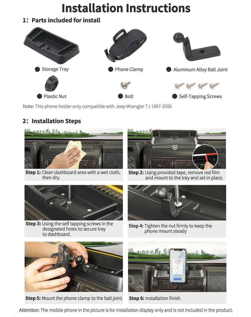 JeCar TJ Phone Holder Upgrade Dash Cellphone Mount with Storage Tray Interior Accessories Compatible with Jeep Wrangler TJ 1997-2006
