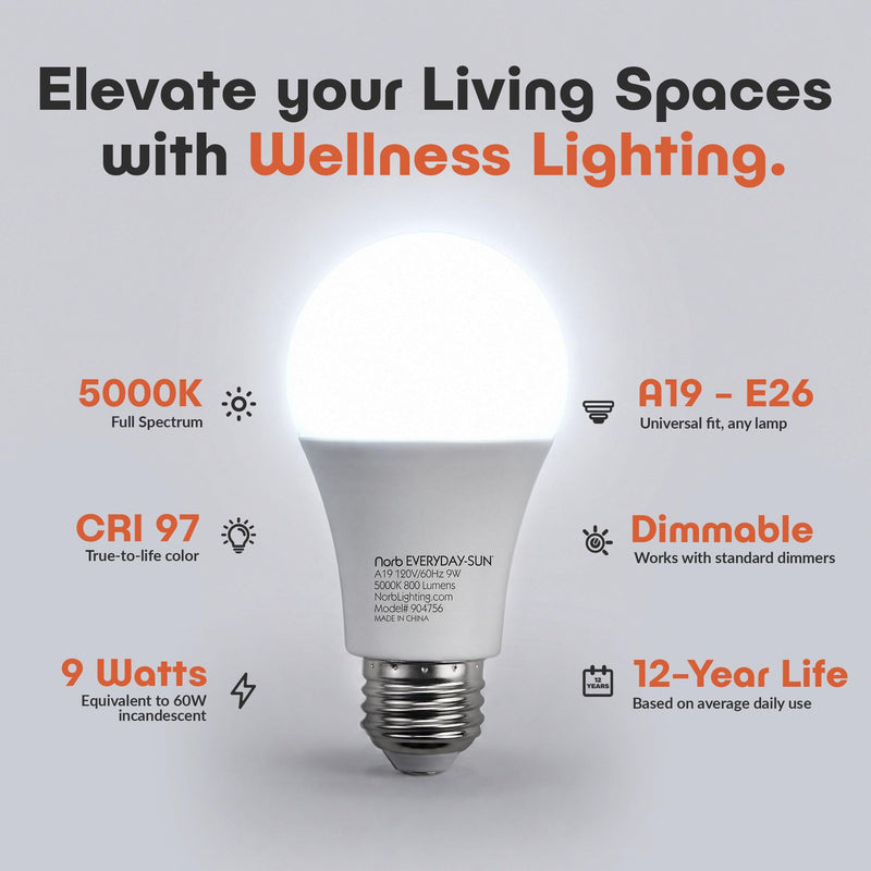 Norb Everyday Sun Light Bulbs | Full Spectrum Light Bulb LED 5000K Daylight | High CRI 97 Natural Color | Dimmable 800 Lumens A19 E26 for Energy, Mood & Performance | Energy Efficient 9W | 2-Pack