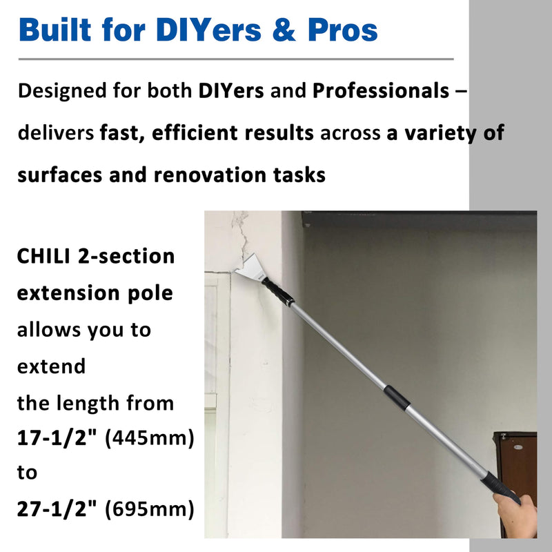CHILI TOOLS 4 Inch Bent Stainless Steel Chisel Pole Scraper - Heavy Duty Wall Scraper, Paint Wallpaper Putty Adhesive Removal, Popcorn Ceiling Drywall Repair, Fits CHILI Extension Pole, Made In Taiwan 4" Bent