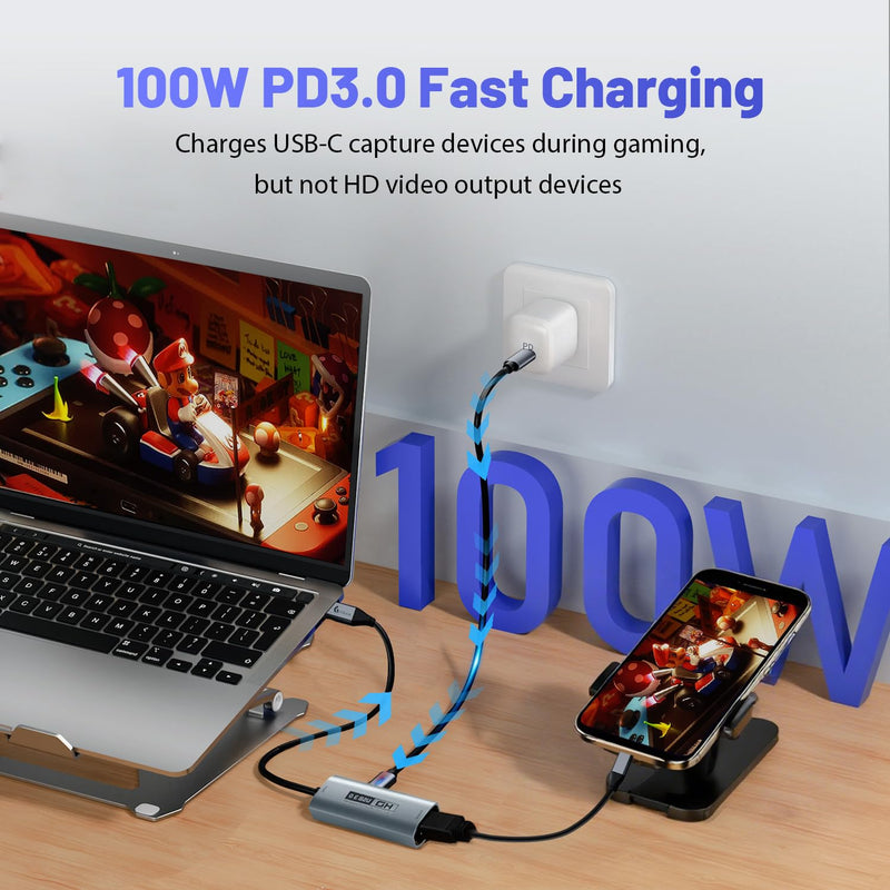 Guermok 4K USB3.0 Video Capture Card with PD 100W, 2K@30FPS or 1080P@60FPS HDMI to USB-A/C Capture Card for Streaming, Works with iPad Quest 3, MacOS, Switch2/1 PS5/4, Xbox, Camera, Silver