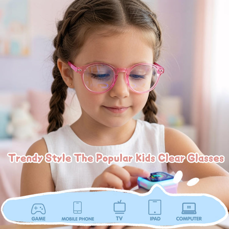 3 Pack Kids Blue Light Glasses, Lightweight Round Frame 6-15 | Blue Light Glasses for Kids girls and boys, Toddler Kids Clear Eye Glasses UV400, Fake Glasses Crystal Purple + Pink + Clear Aged 6-15 3