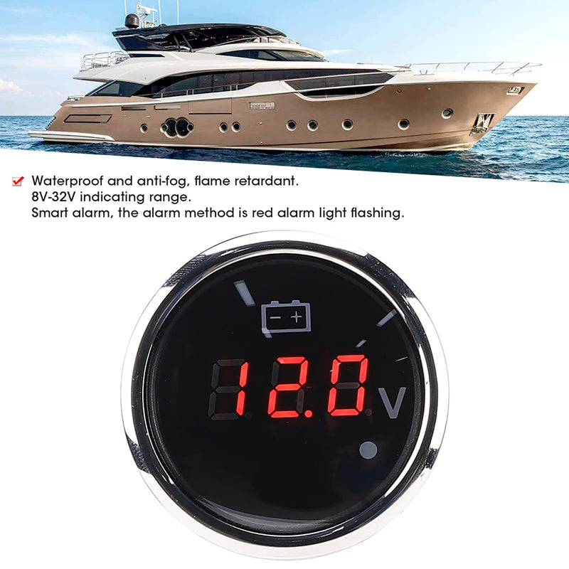 Marine LED Voltmeter, 2in 316 Stainless Steel Battery Voltage Gauge LED Digital Display IP67 Smart Alarm Universal for Car Boat Auto, Red Alarm Light Flashes (Black) Black