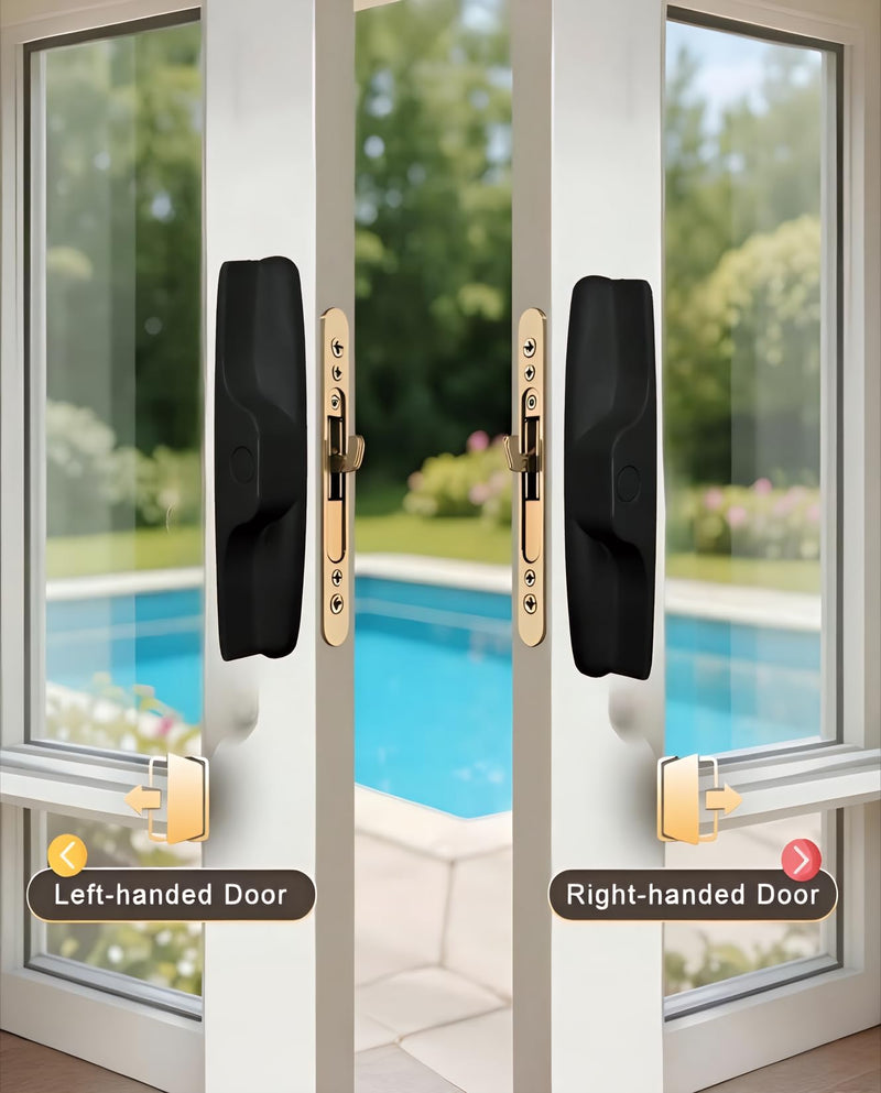Aluminum Sliding Glass Patio Door Handle Set with Mortise Lock, Non-Keyed Pull Handles, Fits 1-1/4" to 2" Thick Doors 3-15/16" Hole Spacing, Adjustable Thumb Latch, Non-Handed, Matte Black Non-Keyed Handles + Mortise Lock