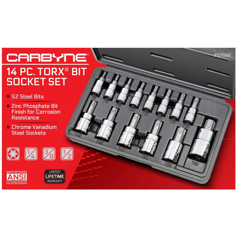 CARBYNE 14-Piece Torx Bit Socket Set, T8 to T60 Sizes, S2 Steel Bits, Cr-V Sockets, Durable Case | 1/4, 3/8, & 1/2 in. Drive • From a Family-Run Tool Company Based in the U.S.A.