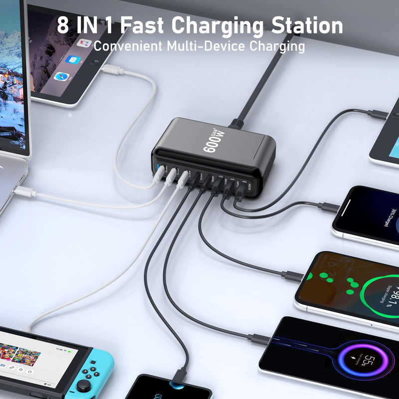 USB C Charger Block 600W 8 Port GaN Fast Charging Station Hub for Laptop, iPad, iPhone 17 Pro Max Fast Charger Pixel DELL MacBook Pro/Air Galaxy S25 Steam Deck USB C 140W Adapter for Android