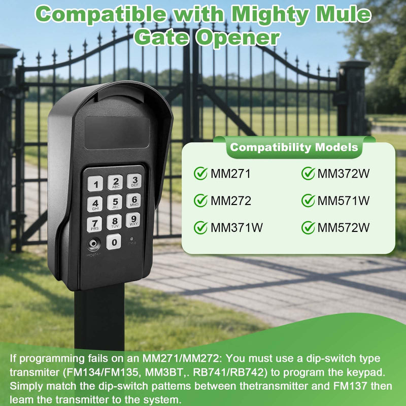 FM137 Wireless Digital Keypad Replacement for Mighty Mule Automatic Gate Opener, Gate Keypad Control Compatible with Mighty Mule MM271, MM272, MM371W, MM372W, MM571W, MM572W (318MHZ) FM137 Keypad