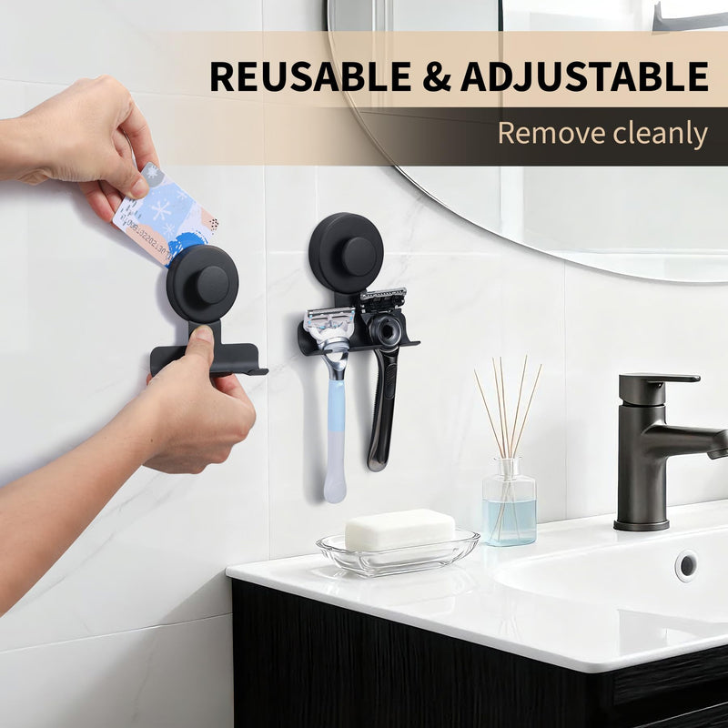 Suction Cup Razor and Shaver Holder for Shower Wall, Stainless Steel Reusable Suction Hook for Towel and Loofah, Damage-Free Installation (2, Matte Black) 2