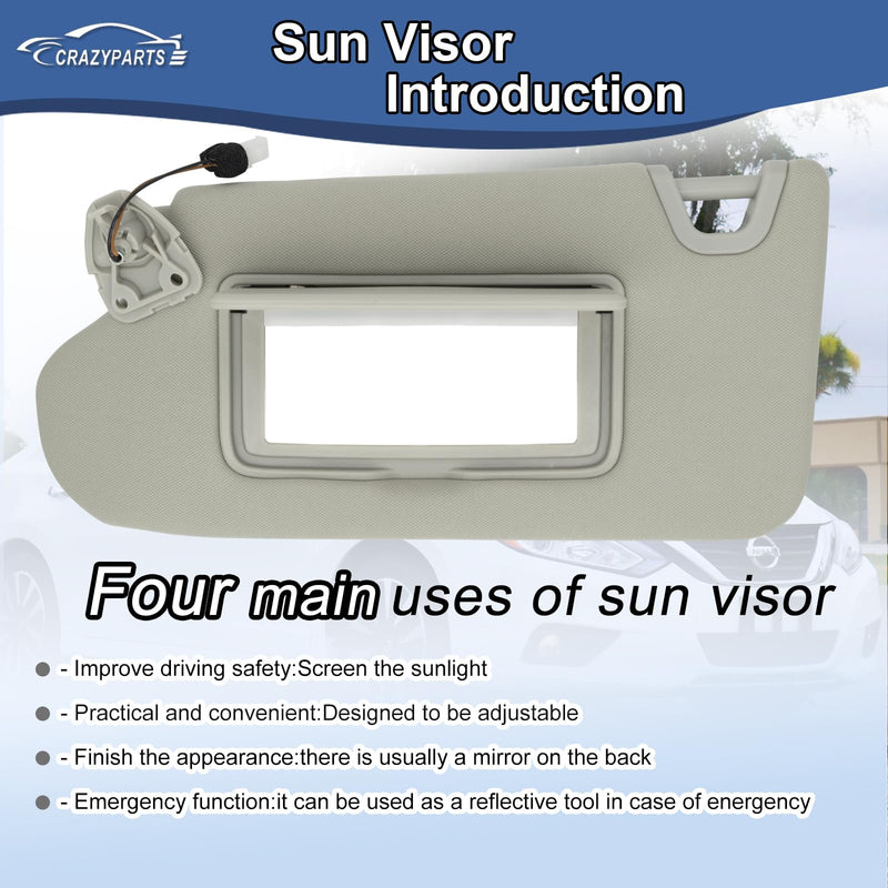 Driver Left Side Sun Visor Replacement Compatible with Nissan Altima 2013 2014 2015 2016 2017 2018 with Light Switch 96401-3TA2A Color Grey Gray（Left Driver)