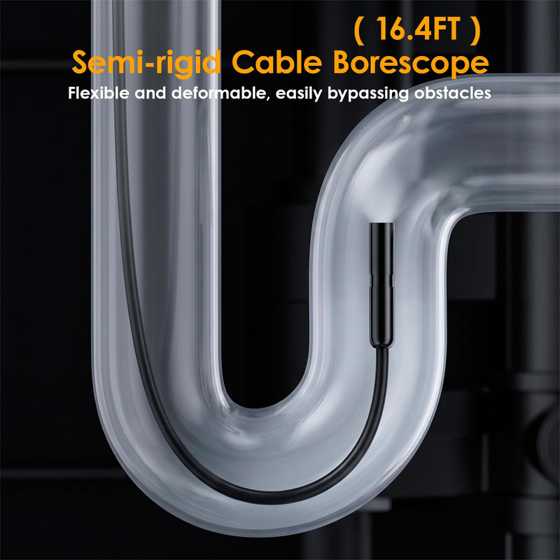 1920P HD Endoscope Camera with Light, IP67 Waterproof Borescope Snake Camera Semi-Rigid Sewer Camera 8 LED Inspection Endoscope Camera for iPhone Android Automotive Pipe, 16.4FT Single Lens Single Lens 16.4FT