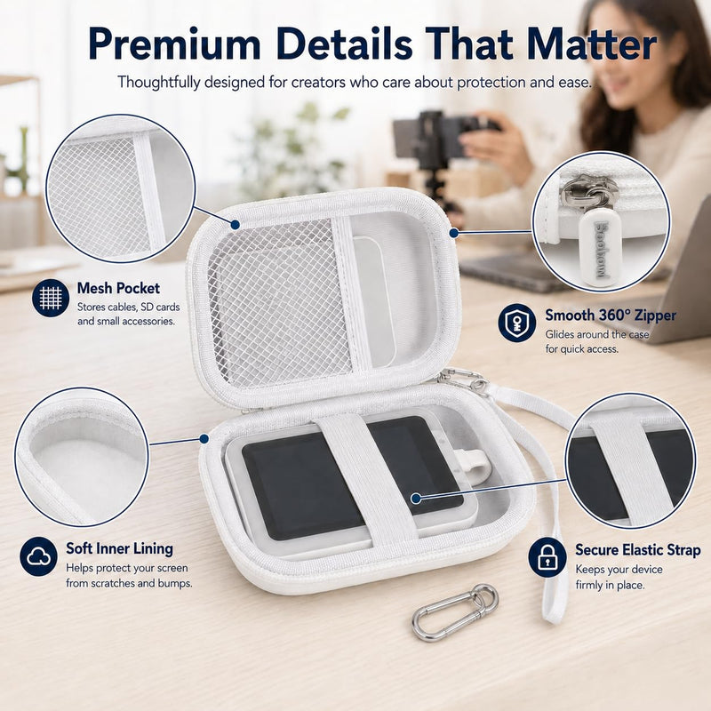 Boobowl Hard Case for Insta360 Snap Selfie Screen with Light, White | Soft Lining, Elastic Strap and Mesh Pocket Organize Screen, Power Bank and Cables for Travel and Vlogging, Case Only
