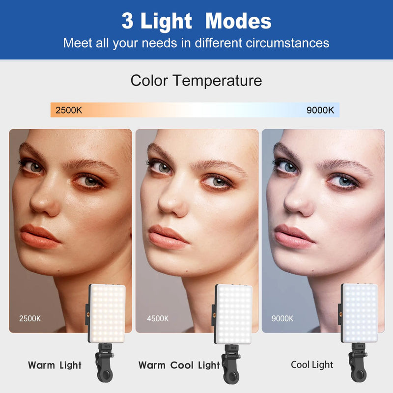Selfie Light, Phone Light with Front & Back Clip(2 Pack), 60 LED Portable Light with 3 Light Modes, 5000mAh Rechargeable Video Light for Phone, iPhone, Laptop, TikTok, Makeup, Live Stream, Vlog 2Pack Black