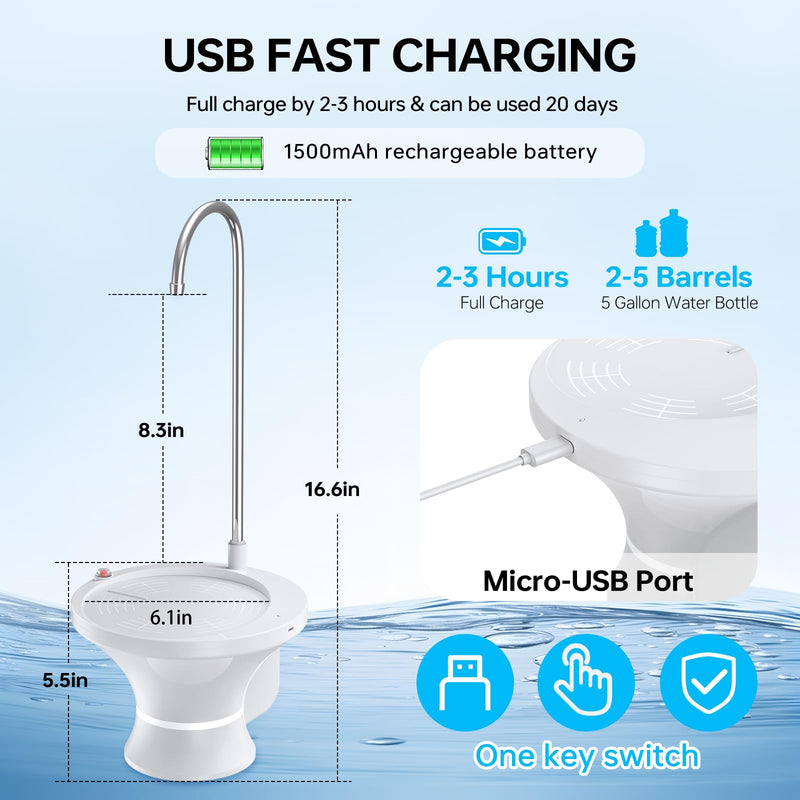 Water Dispenser for 5 Gallon Bottle, Electric Drinking Water Bottle Pump for 2-5 Gallon Jugs, USB Rechargeable Water Pump with 2 Switch Control for Home, Office, Camping White