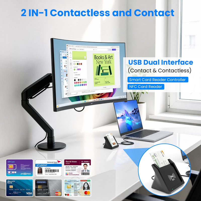Smart Card Reader with NFC,USB A/C CAC Reader Military DOD Common Access ID Bank Chip Card Reader 2-in-1 Contact and Contactless Compatible with Mac Os, Windows 10/11,Mac OS,Android and Linux Black