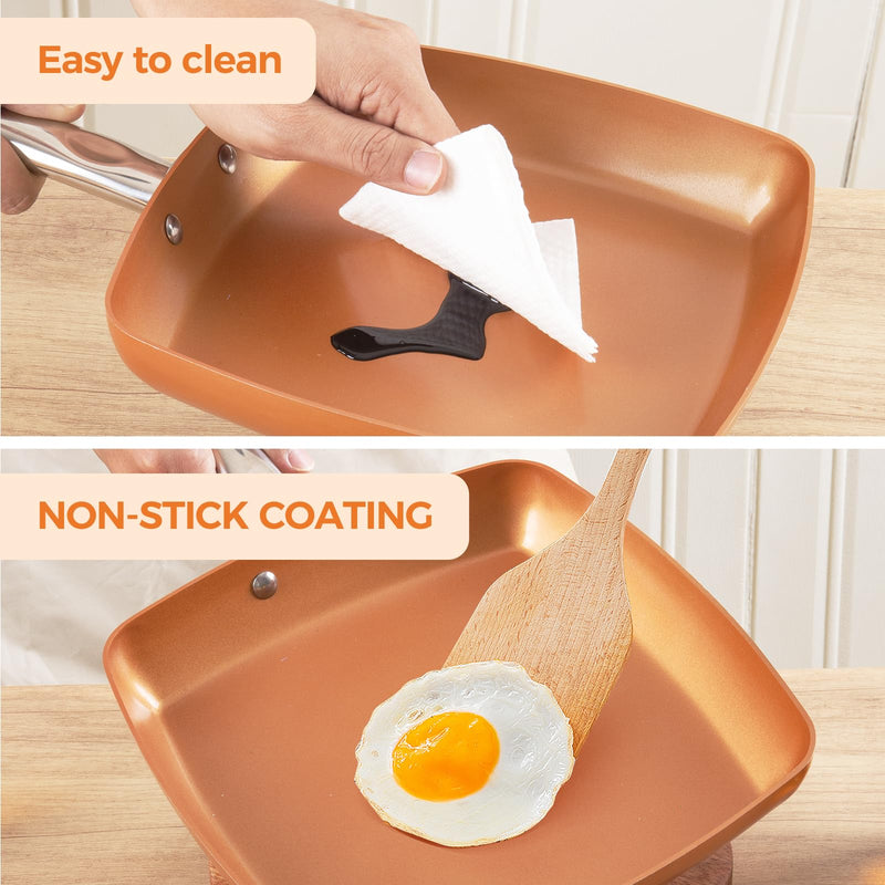 Toutrop Non-Stick Copper Square Frying Pan, 9.5" Chef Skillet with Ceramic Coating, Oven Dishwasher Safe, PFOA-Free, Home Use for All Stoves 9.5 Inch