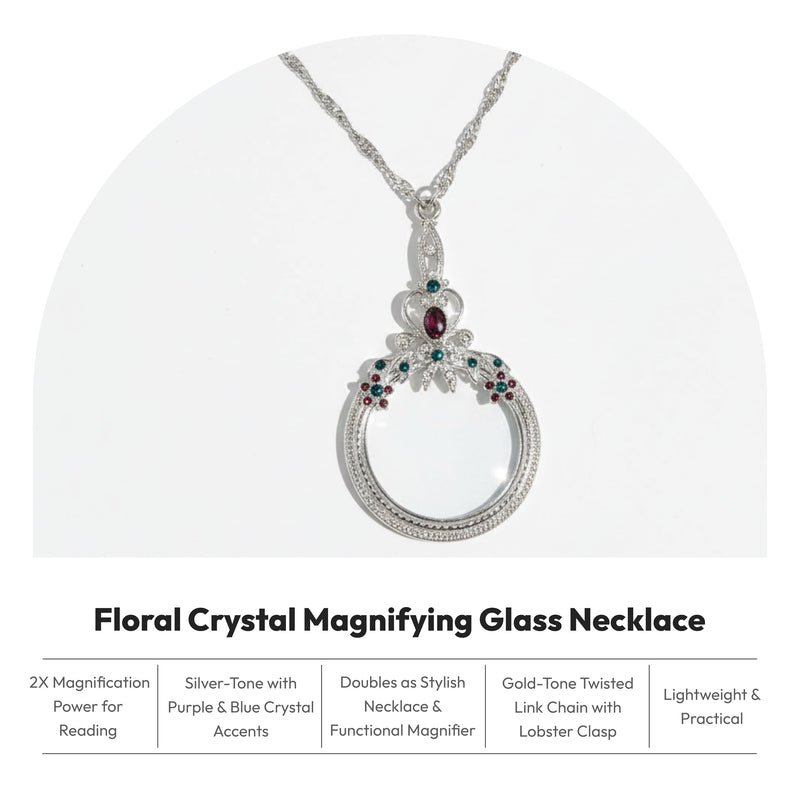 1928 Jewelry Floral Crystal Magnifying Glass Necklace For Women 30" - Magnification Power: 2X, Multifunctional Magnifier Perfect For Reading Menus, Labels, Books, Magazines Silver