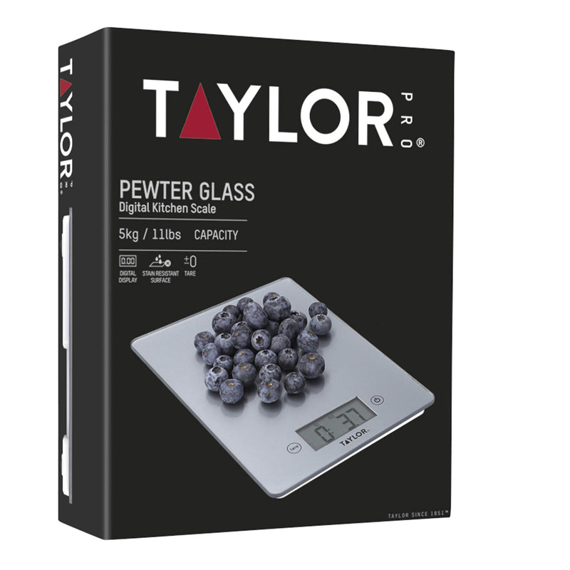 Taylor Pro Digital Kitchen Food Scales with Ultra Thin Design, Compact Professional Standard Tare Feature with Precision Accuracy, Pewter Glass, Weighs 5 kg Capacity, Grey Pewter-Effect