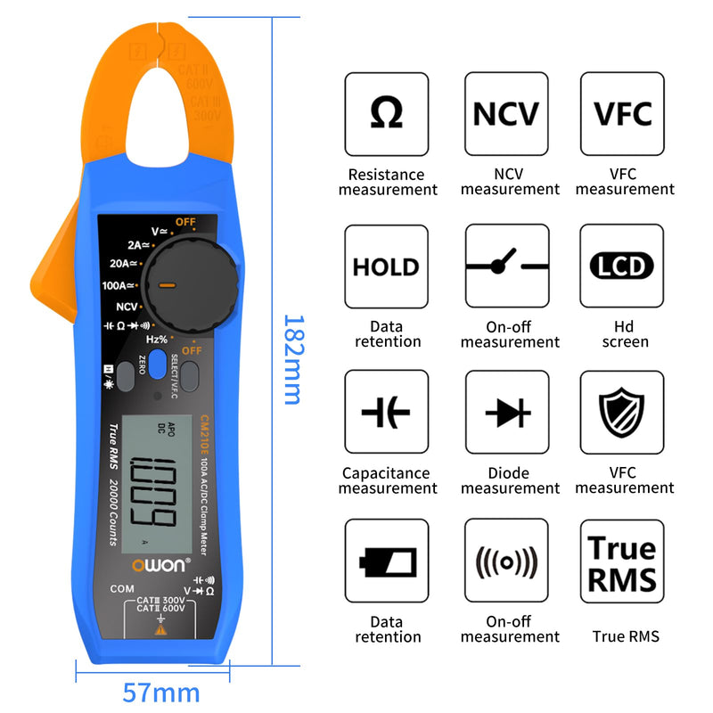 OWON CM210E Mini Digital Clamp Meter 100A AC DC Current Voltage True RMS Pliers Ammeter Resistance, Capacitance, Diode Tester Multimeter