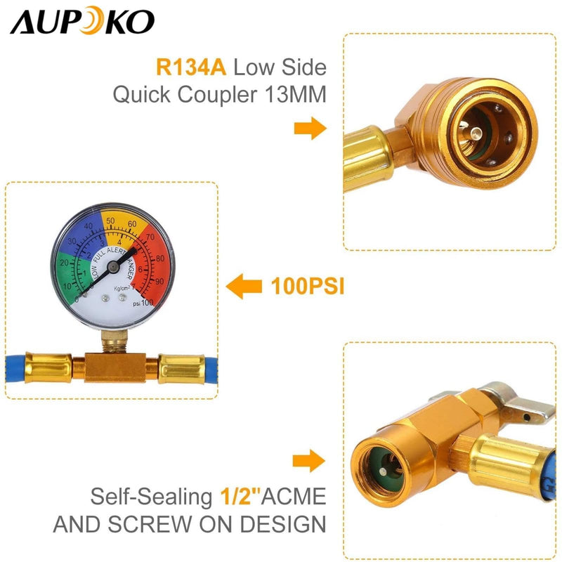 R134A AC Refrigerant Charge Hose Kit, 1/2’’ Self-Sealing Valve Can, and Recharge Hose with Pressure Gauge, Fits for Car AC Air Conditioning Refrigerant