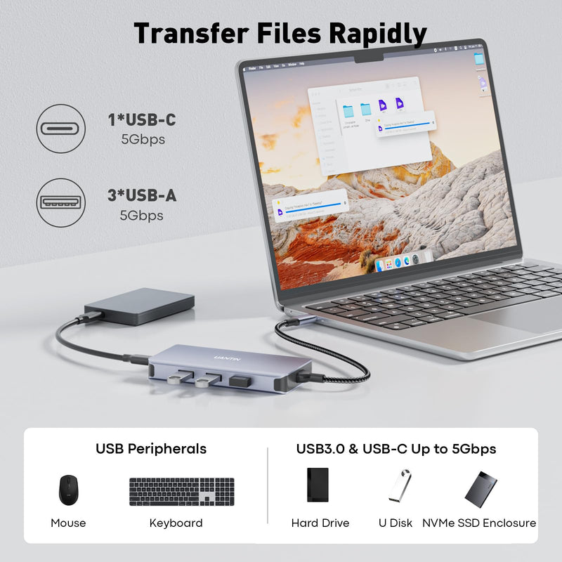 UANTIN Laptop Docking Station 3 Monitors, 8-in-1 USB C Dock with 2 HDMI, DP | USB C Docking Station Dual Monitor with 4K@60Hz HDMI, DisplayPort, USB A & C, 100W PD, USB C Hub Dongle for Dell,HP,Lenovo 11.8inch