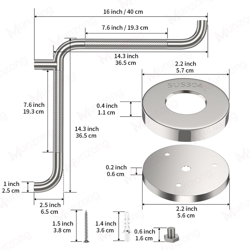 16 Inch Angled Shower Grab Bar, Munzong Anti Slip Satin Brushed Nickel Bathroom Grab Bar, L-Shaped Knurled Balance Bar, Safety Hand Rail Support Handicap Elderly Injury Senior Assist Bath Handle