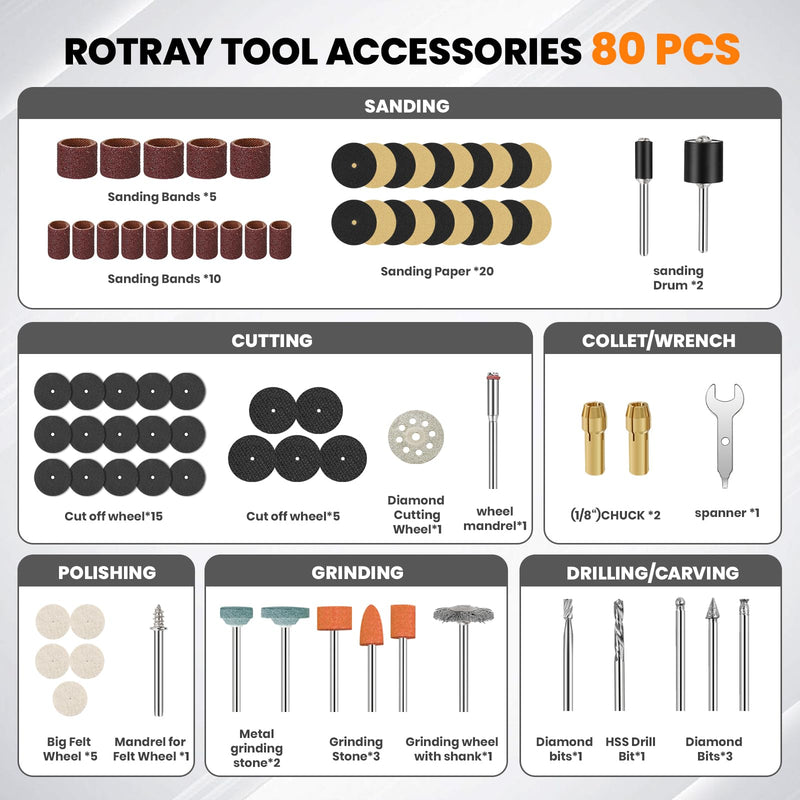 4V Cordless Rotary Tool Kit with 80Pcs, 4000mAh Long-lasting Battery, 6 Speeds 8000-28000RPM Rotary Tool with Digital Display for Cutting, Sanding, Polishing, Drilling, Engraving, DIY Crafts (Grey) Gray