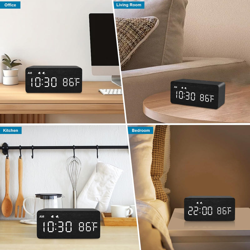 MOSITO Digital Wooden Alarm Clock with Wireless Charging, 0-100% Dimmer, Dual Alarm, Weekday/Weekend Mode, Snooze, Wood LED Clocks for Bedroom, Bedside, Desk, Kids (Black) Black