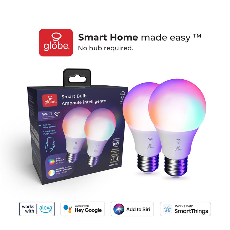 Globe Electric 34207 Wi-Fi Smart 10 Watt (60W Equivalent) Multicolor Changing RGB Tunable White Frosted LED Light Bulb 2-Pack, No Hub Required, Voice Activated, 2000K - 5000K, A19 Shape, E26 Base Color Changing