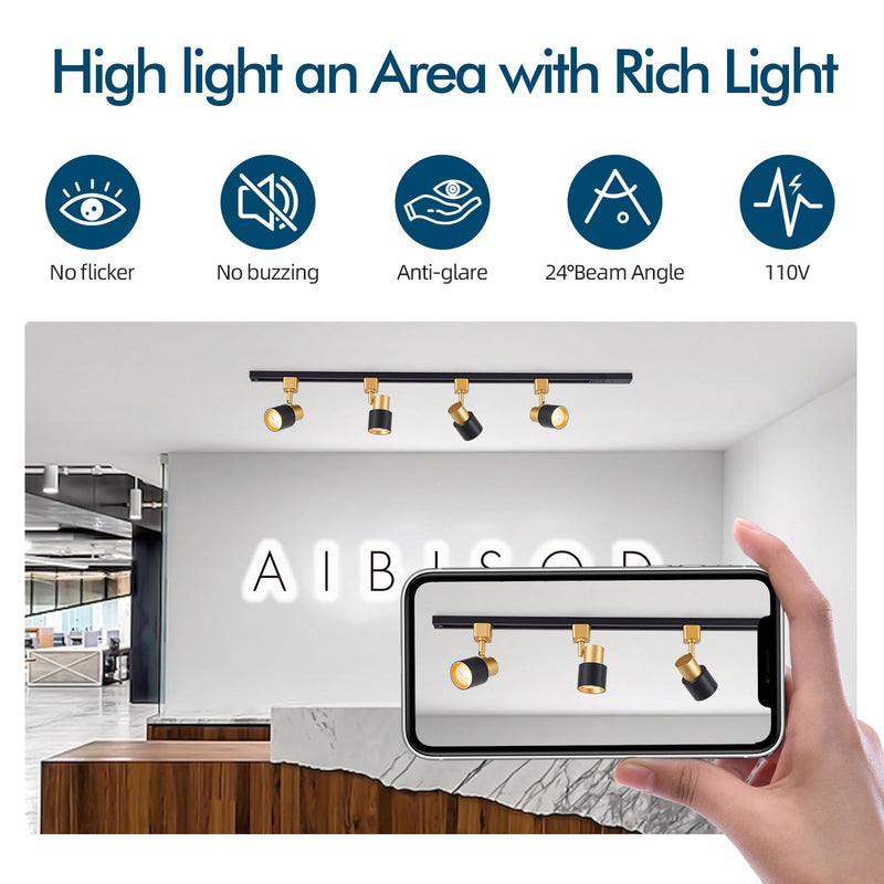 10W H Track Lighting Heads 3000K Warm White Track Light Head Flxible Bright Black Gold Dimmable LED Track Lighting Fixtures for Accent Kitchen Office, Flicker Free CRI90+ 24° 900lm Pack of 4 4 Pack
