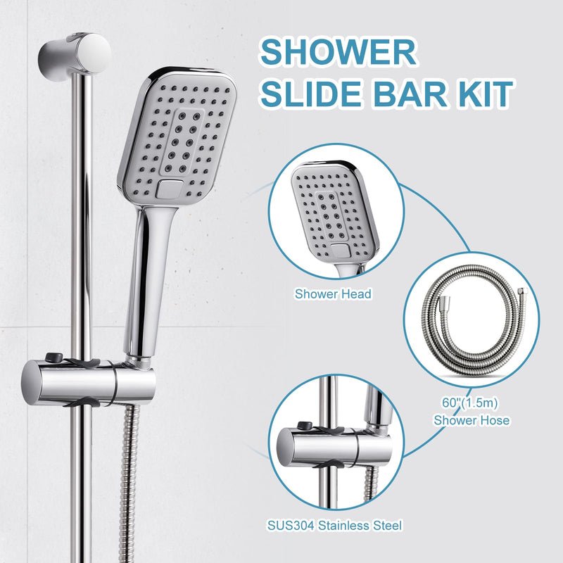 OFFO Shower Slide Bar Combo, Adjustable 31 in Slide Bar with 3-Mode Square Handheld Shower Head and 60 in Stainless Steel Hose, Screw Wall Mounted, Chrome Finish Square 31" Slide Bar & 60" Hose