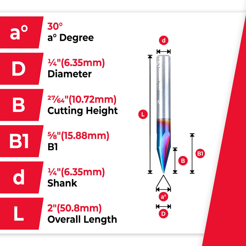 Amana Tool 45634-K SC Spektra Extreme Tool Life Coated V-Groove 30 Deg x 1/4 D x 27/64 CH x 1/4 Inch SHK 3-Flute Router Bit