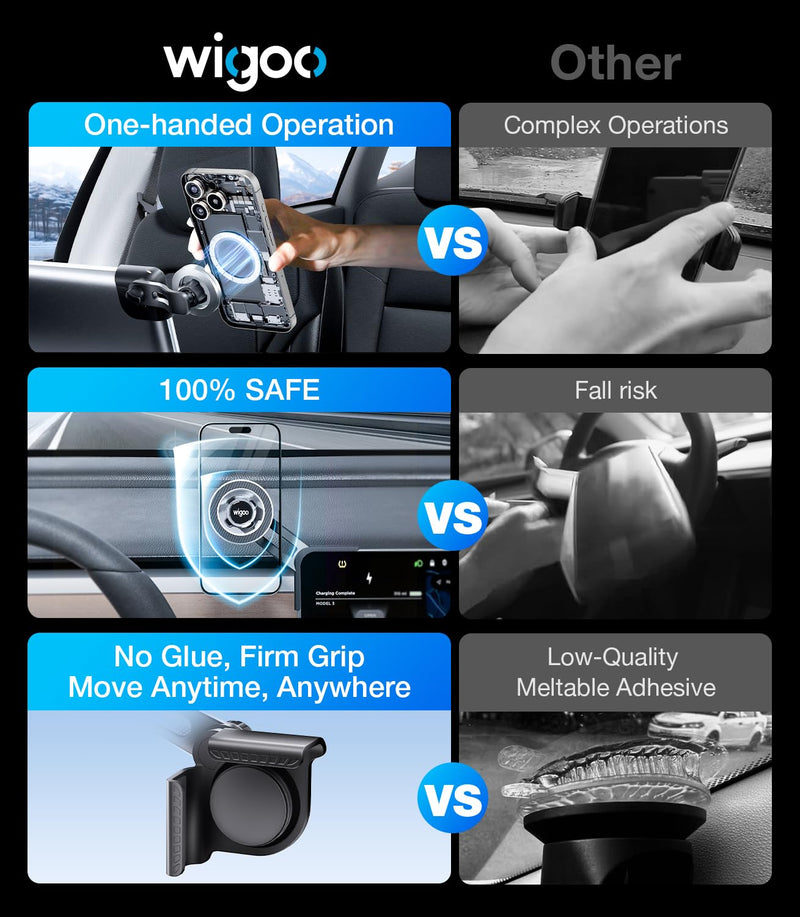 for Tesla Model 3/Y/YL Accessories Magnet Phone Mount, Clamp(No Glue) | Strongest Magnet, No View Blocking, No Glue, Screen Side Holder, Provide Magnetic Ring for MagSafe iPhone 17-12 & Android