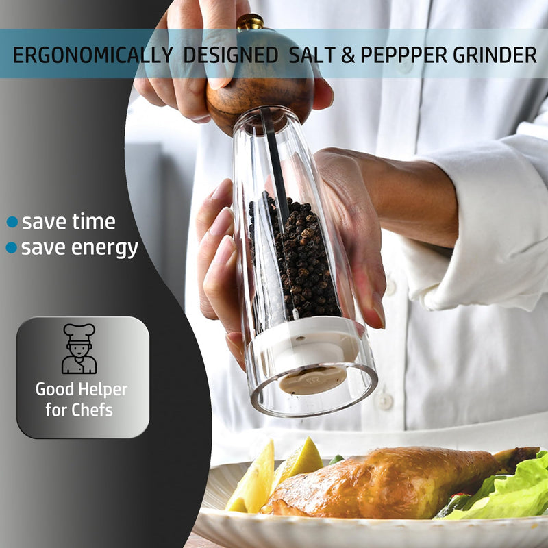 Salt and Pepper Grinder Set, Pepper Mills Classic Manual Transparent Acrylic Rotor, 2PCS 8IN Large Capacity Pepper & Salt Grinder Seasoning Bottle, Ceramic Core Adjustable Coarseness for Fresh Spices Acrylique transparent
