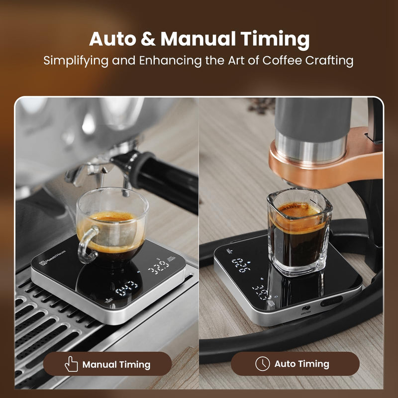 Rechargeable Mini Coffee Scale with Timer, Maestri House Espresso Scale, 2kg/0.1g Accurate Scale for Espresso and Pour-Over Coffee, Portable Digital Kitchen Scale with Automatic Timing（Black&Silver） Black&Silver