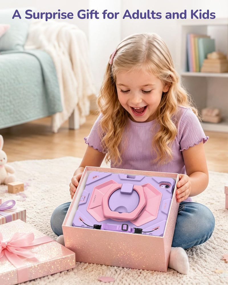 Fintie Kid-Friendly Case for iPad Air 11-inch & iPad Air 5th/4th Gen 10.9" | 360° Rotating Stand, Heavy Duty Shockproof Cover with Built-in Screen Protector, Shoulder Strap for Easy Carry, Purple