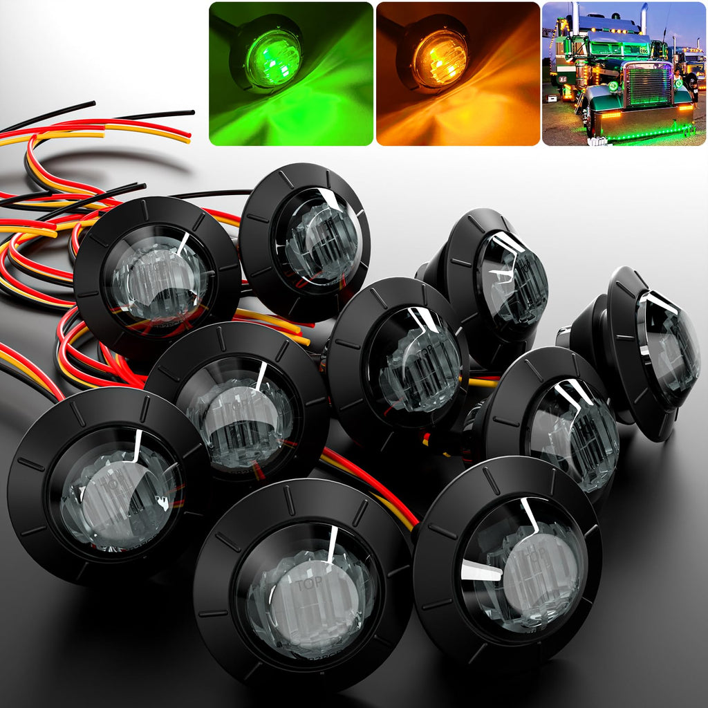 3/4" Round Trailer Marker LED Lights Amber to Green Dual Color Side Clearance Tail Bullet Light 12V 4LED Indicator Light w/Smoked Lens for Trailer Truck Van RV ATV Bus, 10Pcs Amber-Green (Smoked Lens)