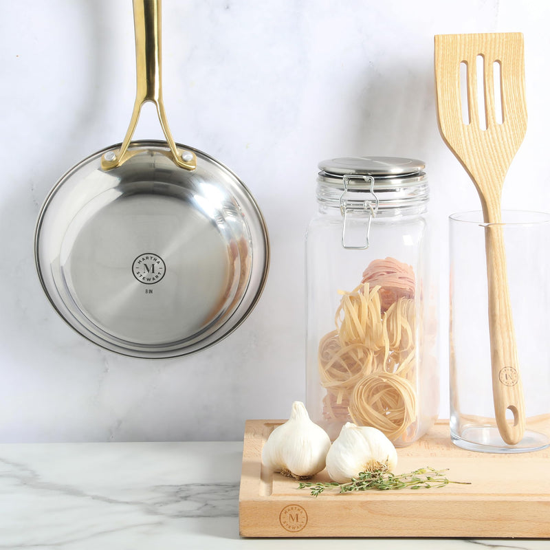 Martha Stewart Castelle 8-Inch Stainless Steel Frying Pan with Gold-Tone Handle – Tri-Ply Encapsulated Bottom, Oven Safe & Induction Safe Skillet for Searing and Sautéing Stainless Steel W/ Gold Handle 8" Frying Pan