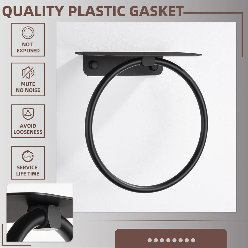 APLusee Matte Black Bath Towel Ring with Shelf, Stainless Steel Towel Holder, Wall Mount