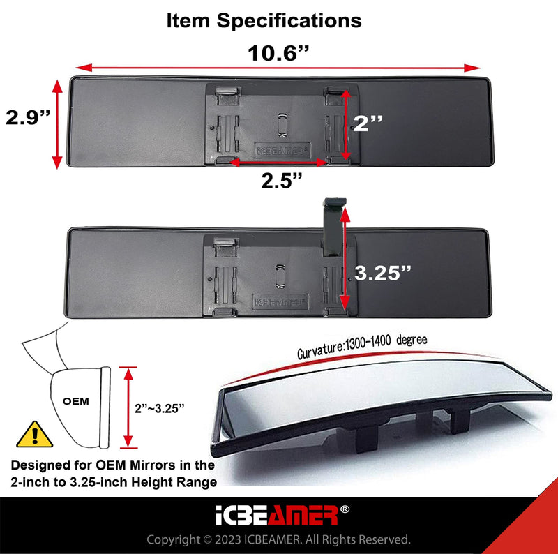 ICBEAMER 10.6" Car Rear View Mirror, HD Clear Tint, Panoramic Wide Angle Convex Surface, 2 Interior Retractable Rubber Clips, Anti Glare, Automotive Accessories Universal for Truck, Car, SUV, 1 Pack 10.6"- Convex