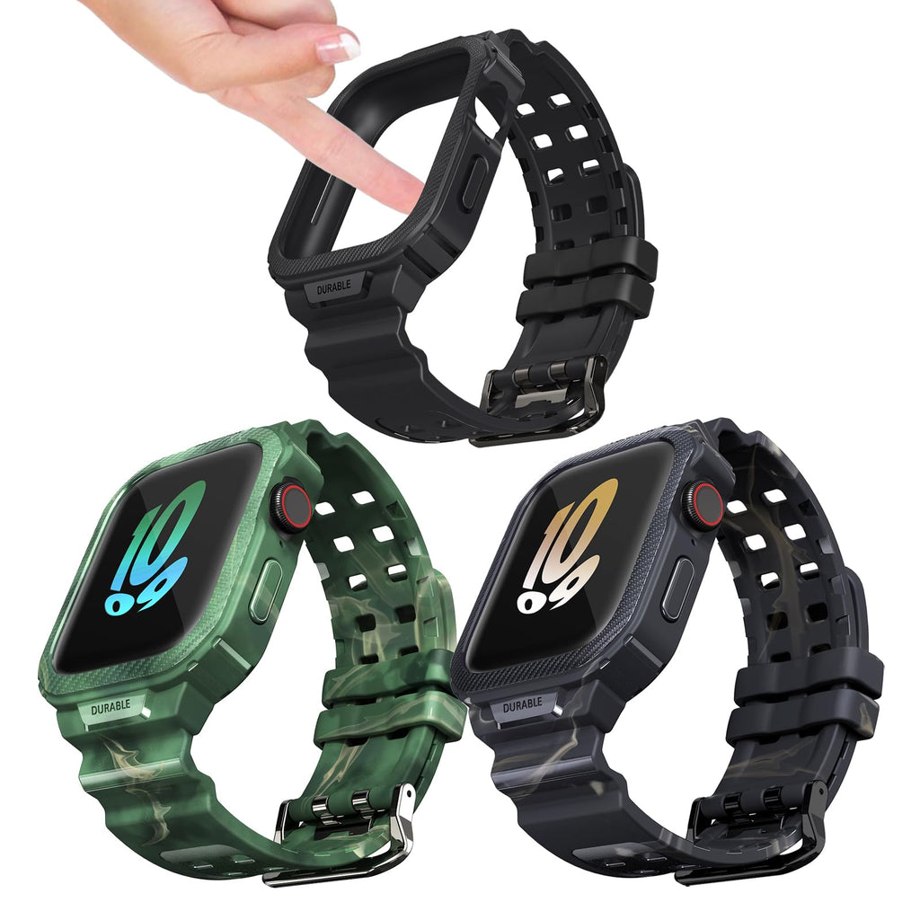 HALLEAST 3 Pack Compatible with for Apple Watch Case with Band Series 9/8/SE2/7/6/SE/5/4 (45mm/44mm), TPU Bumper Cover with Breathable Sport Strap Black+CamoBlack+CamoGreen