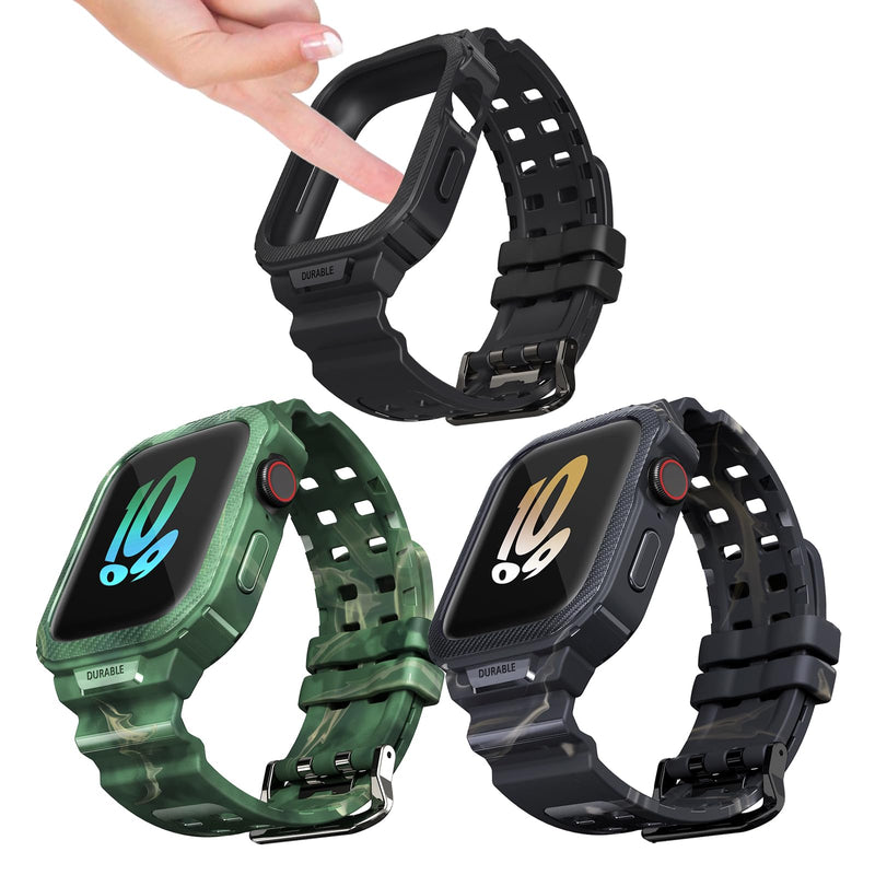 HALLEAST 3 Pack Compatible with for Apple Watch Case with Band Series 9/8/SE2/7/6/SE/5/4 (45mm/44mm), TPU Bumper Cover with Breathable Sport Strap Black+CamoBlack+CamoGreen