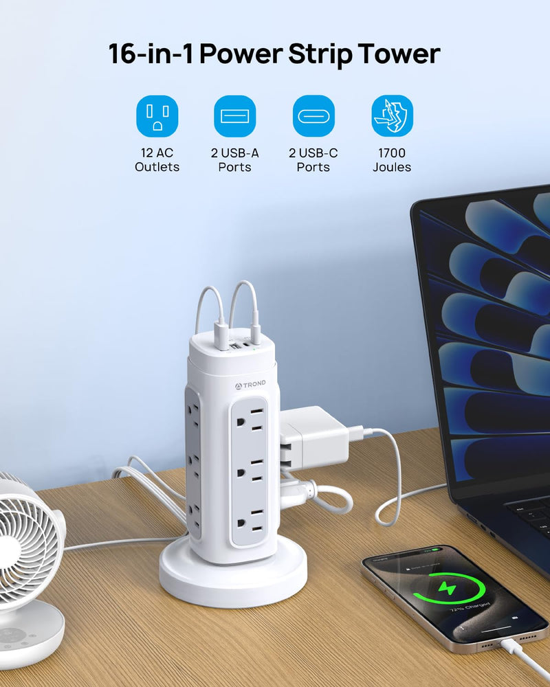 TROND Flat Plug Power Strip Tower - 5ft Retractable Extension Cord with Multiple Outlets, Surge Protector Power Strip with USB C PD 20W, 1700J Surge Protection, Office Desk Supplies, Dorm Essentials 5 FT Retractable Cord
