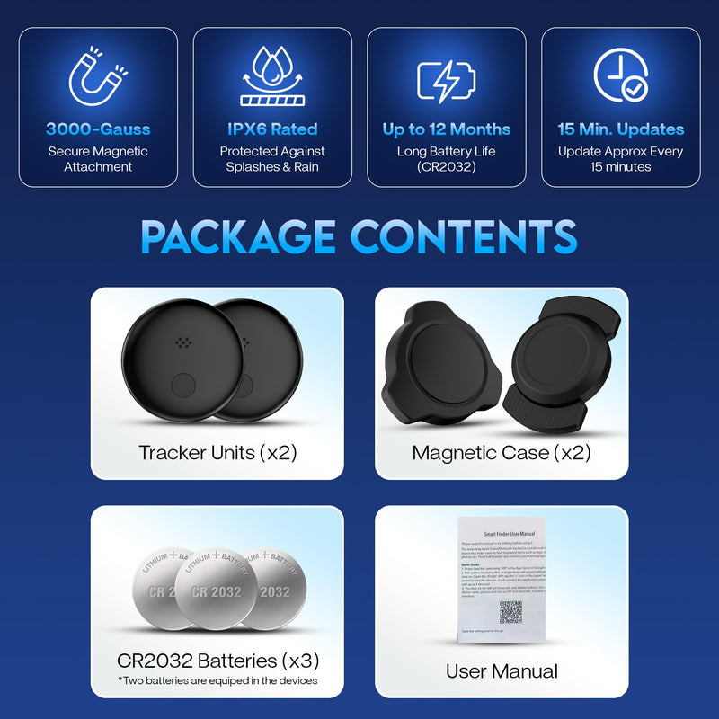 Car Tracker Device No Subscription 2 Pack, Magnetic GPS Tracker for Vehicles Hidden, Dual System Compatible with Find My and Find Hub, Bluetooth Locator, 12-Month Battery, AirTag Alternative