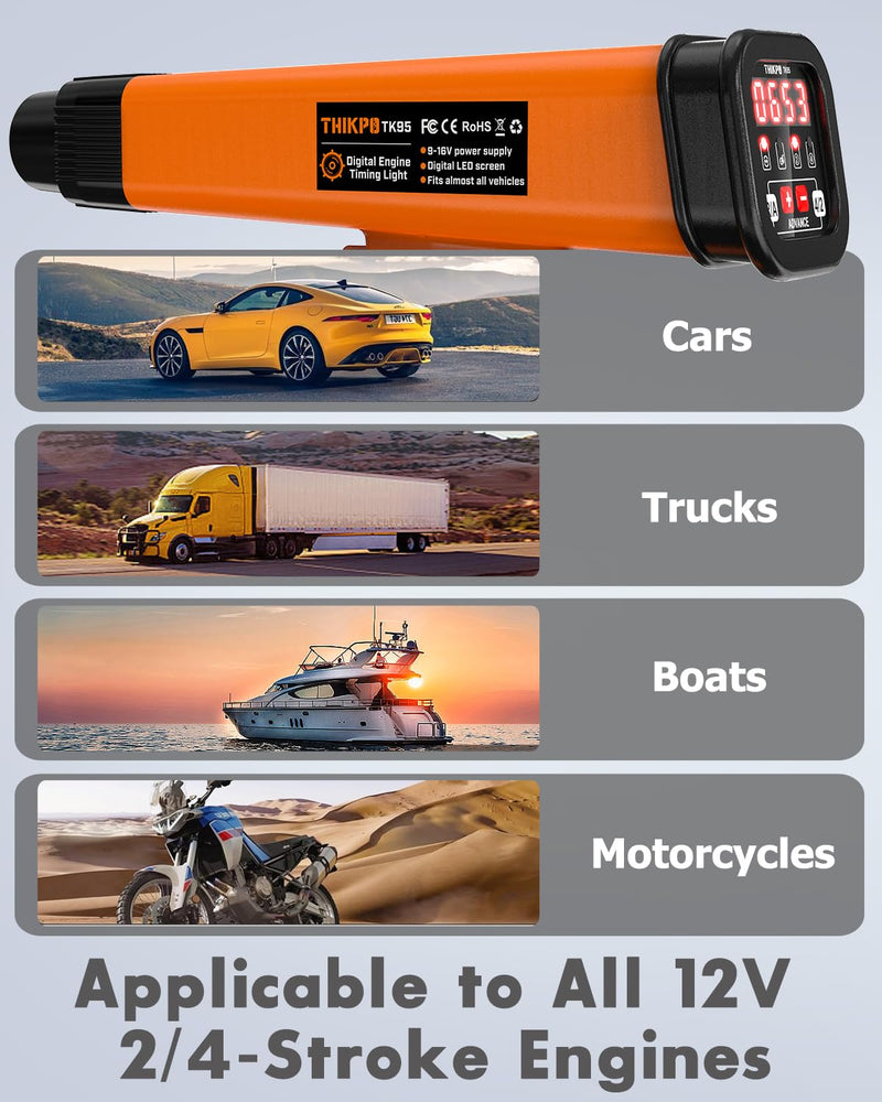 Digital Automotive Timing Light 12V, Inductive Ignition Timing Light Gun with Tachometer for 2&4 Stroke Petrol Engine for Classical Car Motorcycle Marine Orange