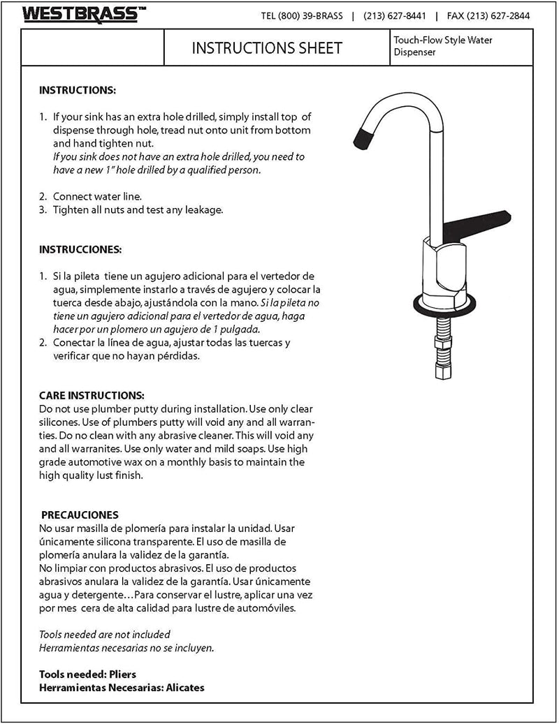 Westbrass D203-NL-20 6" Touch-Flo Style Pure Cold Water Dispenser Faucet, 1 Pack, Stainless Steel